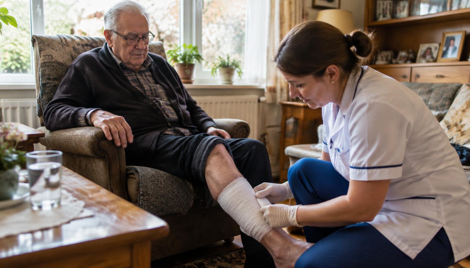Pflegefachkraft eines ambulanten Pflegedienstes wechselt bei einem älteren Mann zu Hause im Wohnzimmer einen Verband am Unterschenkel