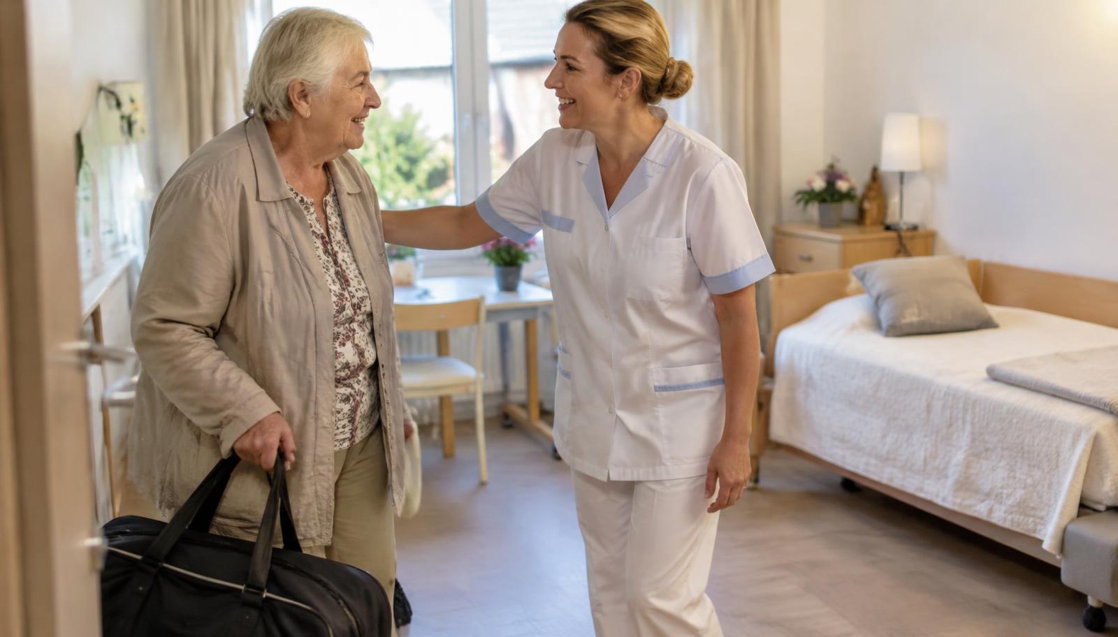 Ältere Frau mit Reisetasche wird von einer Pflegekraft in einem hellen Zimmer einer Kurzzeitpflege begrüßt