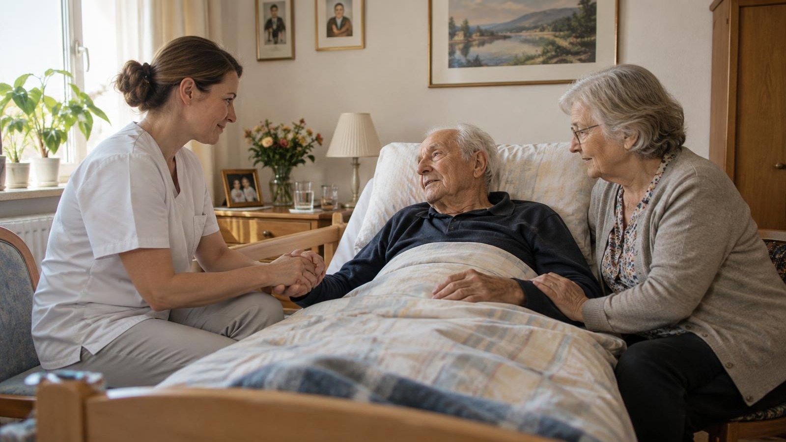 Eine Pflegekraft sitzt am Bett eines älteren Mannes im eigenen Schlafzimmer und hält seine Hand, daneben sitzt seine Ehefrau