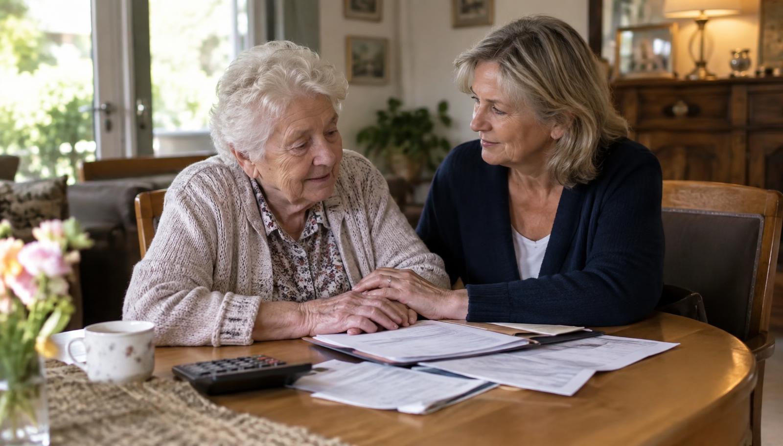 Seniorin und Tochter prüfen die Auszahlung des Pflegegeldes der Pflegekasse