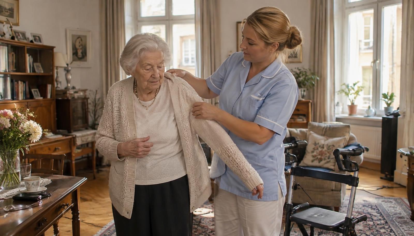 Pflegekraft eines ambulanten Pflegedienstes unterstützt eine ältere Frau zu Hause bei der Pflege