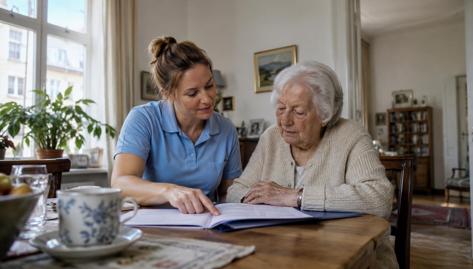 Pflegeberaterin erklärt einer Seniorin zu Hause die Pflegegrade 1 bis 5