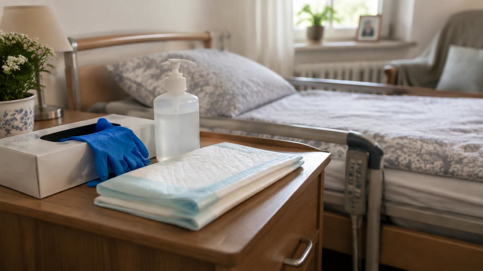 Einmalhandschuhe, Desinfektionsmittel und Bettschutzeinlagen liegen auf einem Nachttisch neben einem Pflegebett