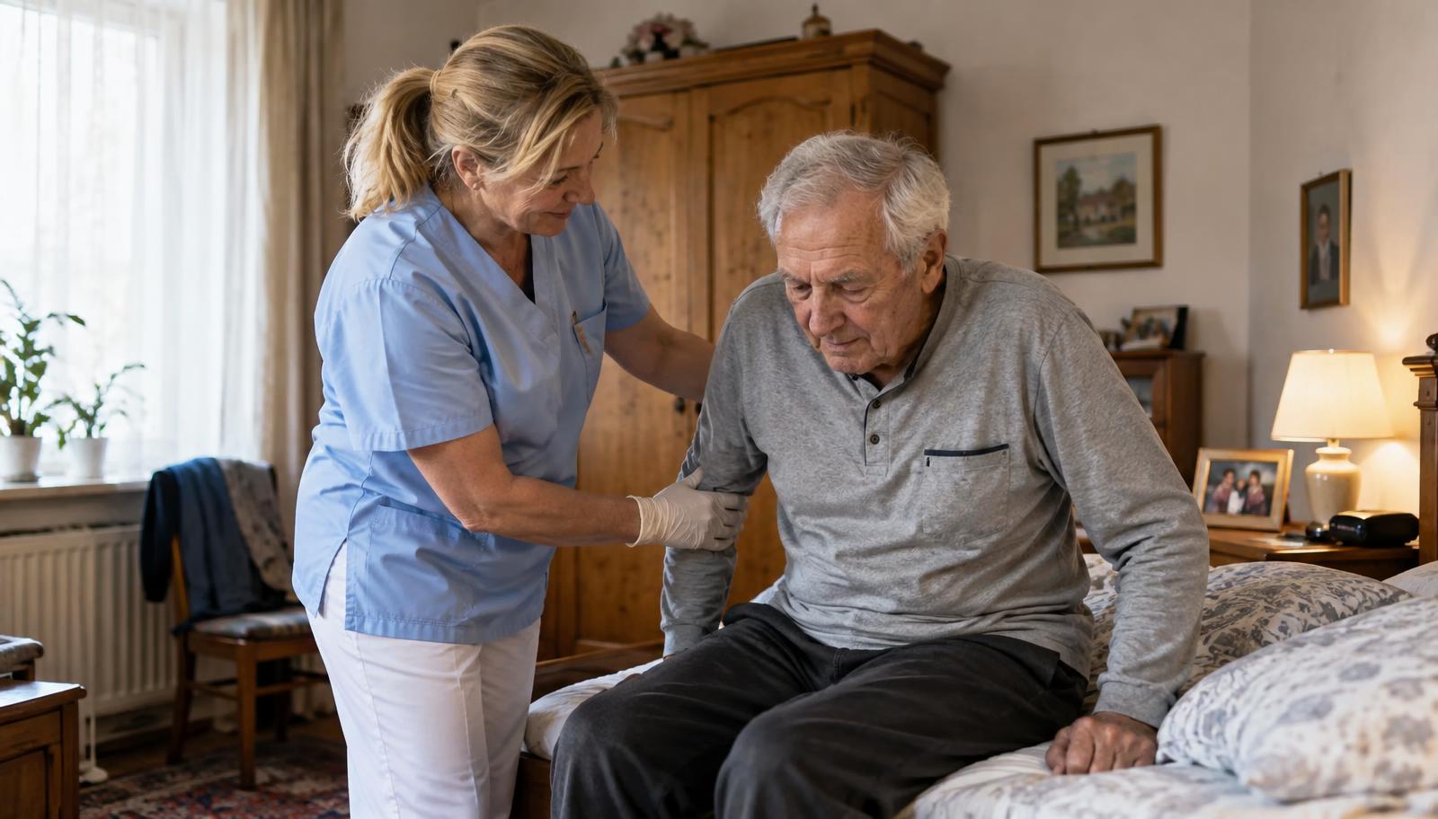 Pflegesachleistung: Pflegekraft eines ambulanten Pflegedienstes hilft Senior beim Aufstehen
