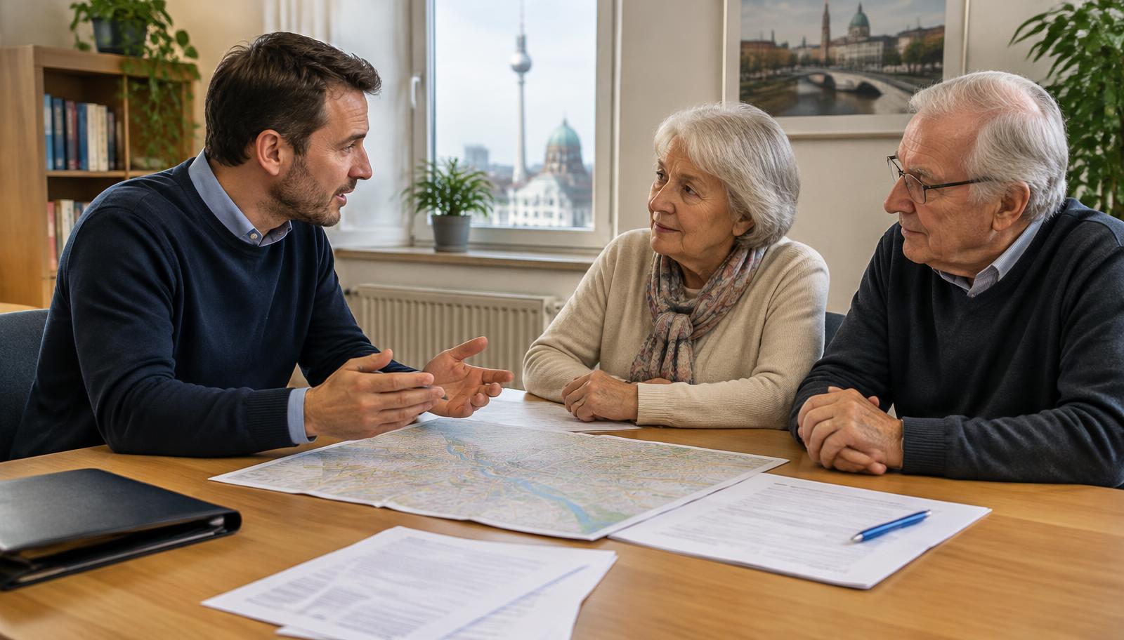 Pflegeberater spricht in einem Berliner Beratungsbüro mit einem älteren Ehepaar, auf dem Tisch liegen ein Stadtplan, Formulare der Pflegekasse und ein Kugelschreiber
