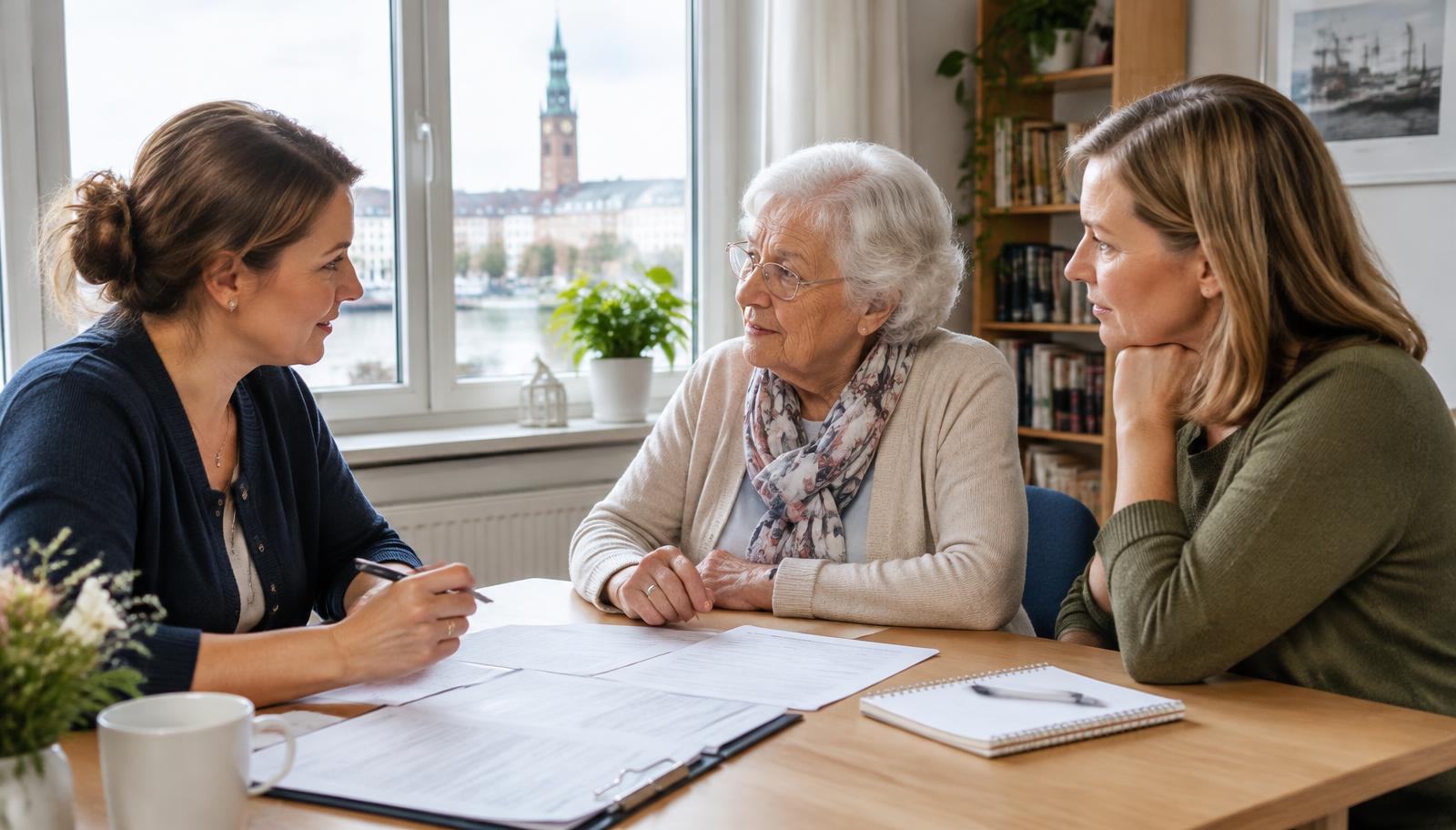 Pflegeberaterin sitzt in einem hellen Beratungsraum in Hamburg mit einer älteren Frau und ihrer Tochter am Tisch, vor ihnen liegen Antragsformulare und ein Notizblock