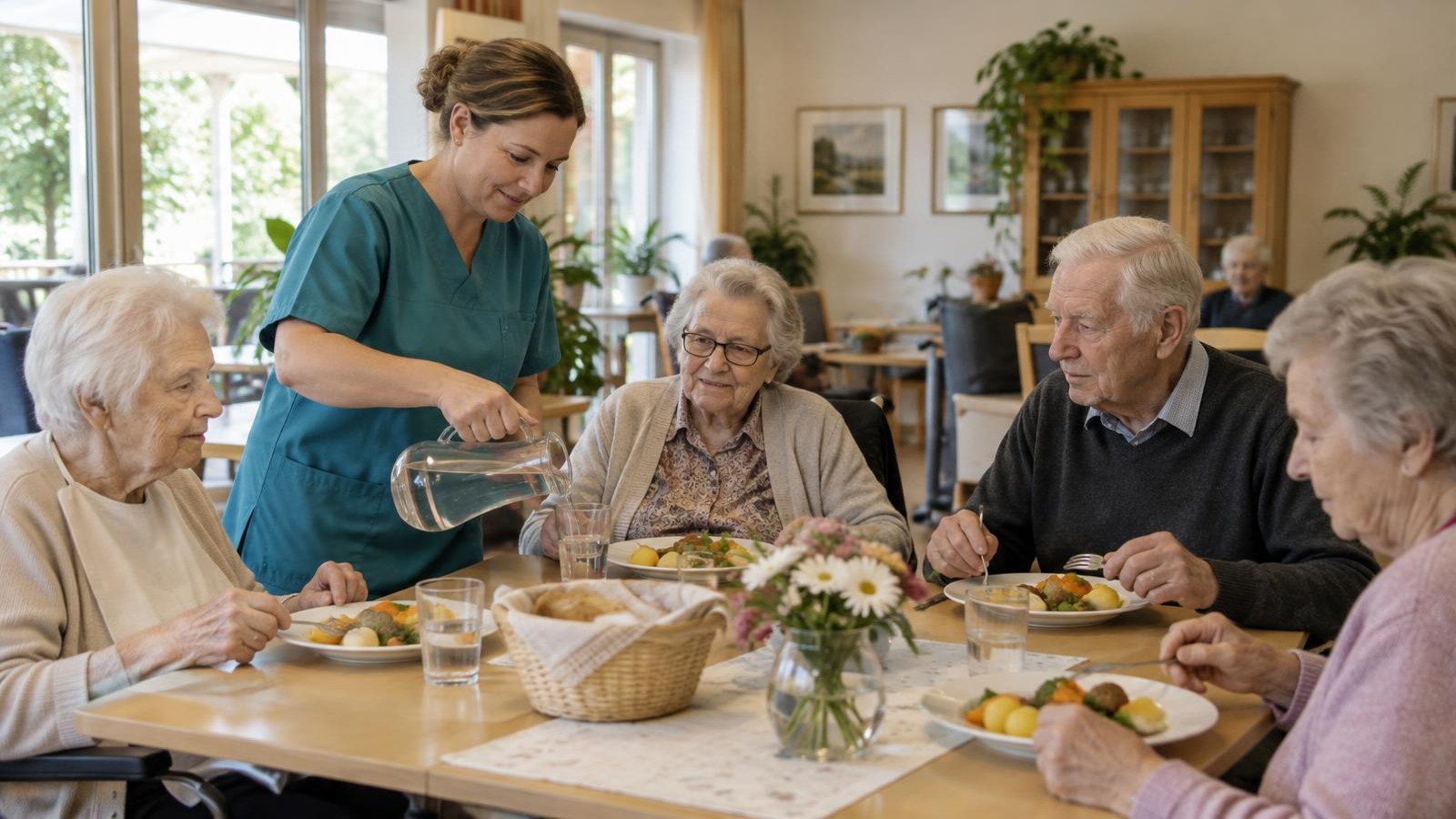 Ältere Frauen und Männer sitzen in einer hellen Tagespflege gemeinsam am Tisch beim Mittagessen, eine Pflegekraft schenkt Wasser ein